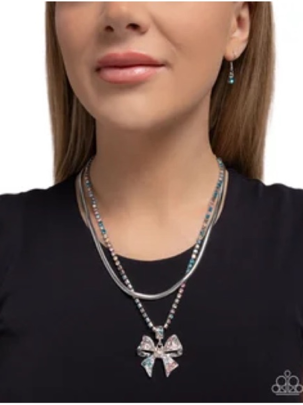 Multilayer Silver Toned Necklace with Turquoise Accents and Bow Pendant